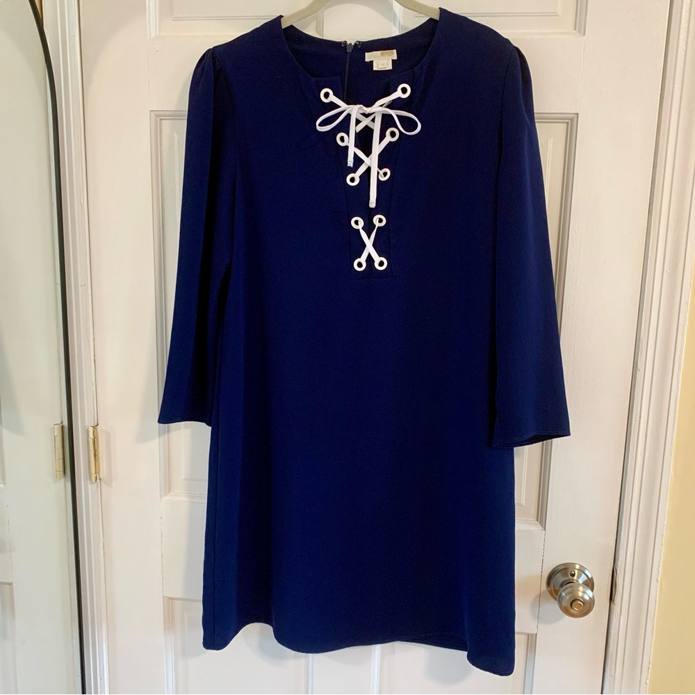Shoshanna dress Navy Nikko Lace-Up Shift Nautical 10 M L USA classic school zip